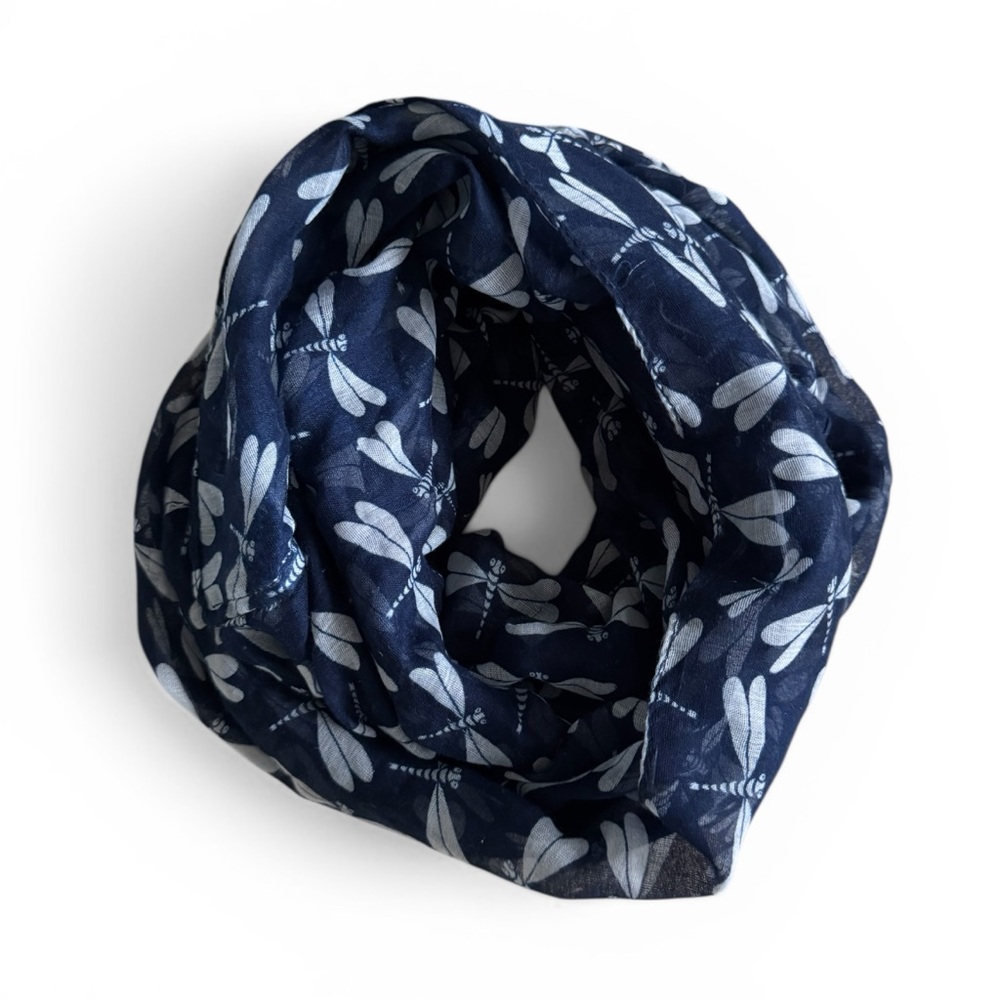 Dragonfly Print Infinity Scarf Navy Sheer Lightweight Boho Wrap O/S